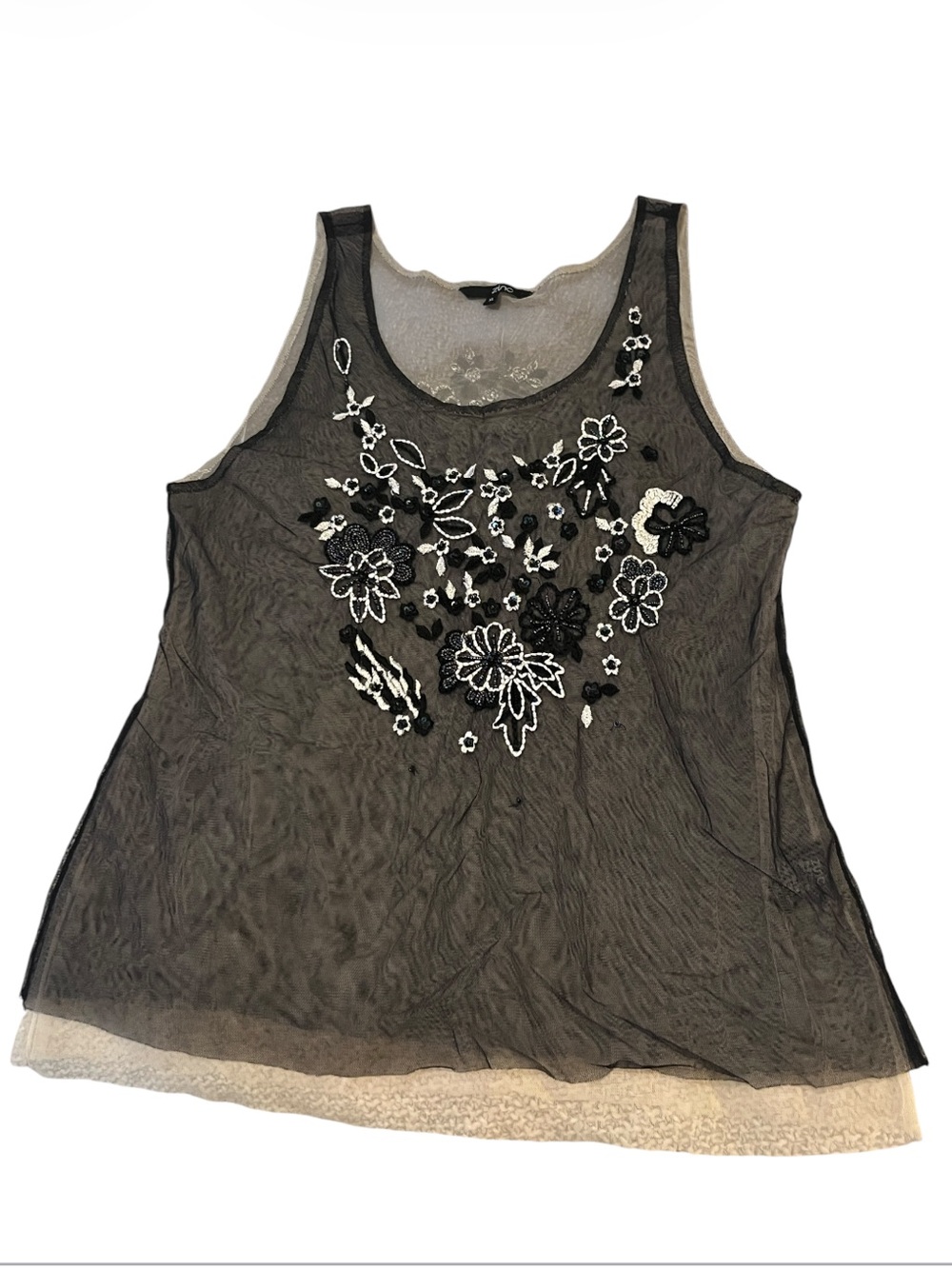 zinc Black Sheer Embroidered Embellished Beaded Layered Mesh Floral Tank Top XL